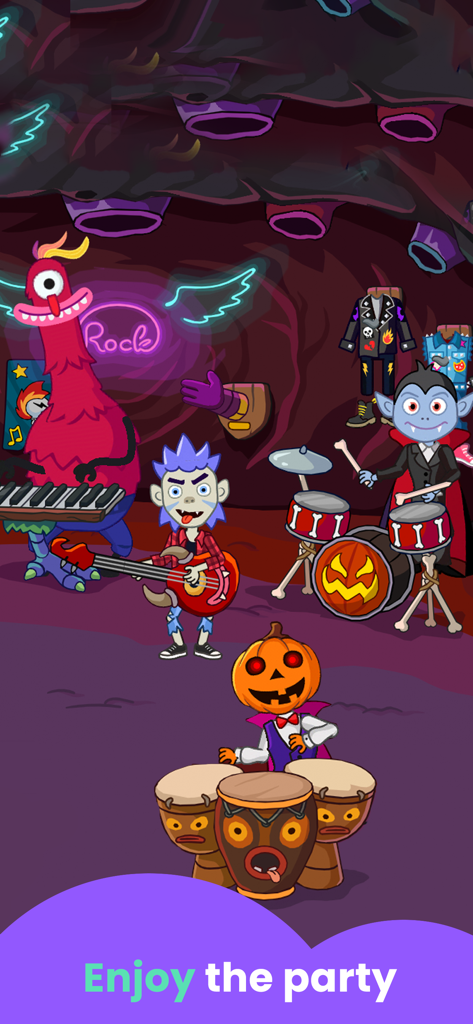 Fantasy World: Halloween Games - Cartoon characters including a vampire and a pumpkin person playing in a monster rock band
