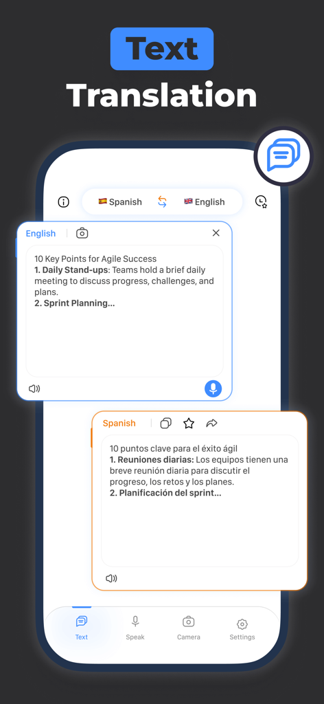Interfaz de la aplicación Traductor IA mostrando la traducción de texto de inglés a español de notas de negocios.