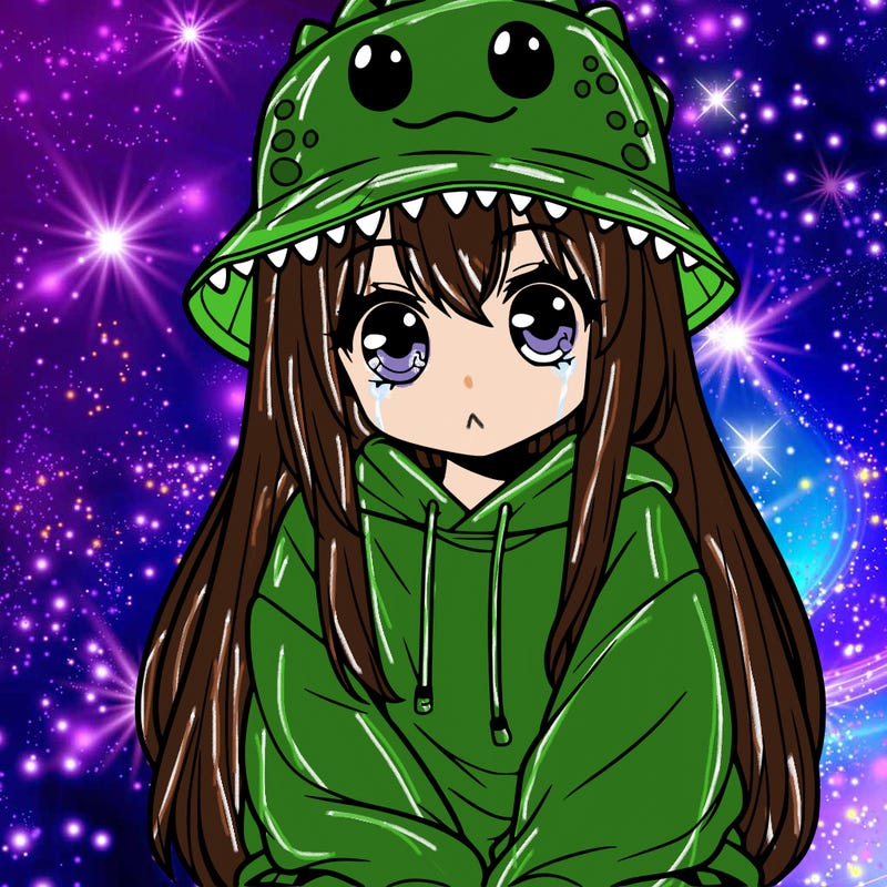 girl with anime shaped eyes with a dinosaur bucket hat oversized sweatshirt long straight hair