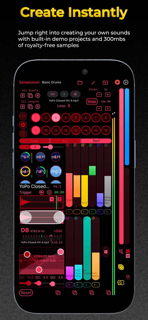 Samposium: Performance Sampler - Interface of Samposium performance sampler app on iPhone showing colorful audio faders and sample pads