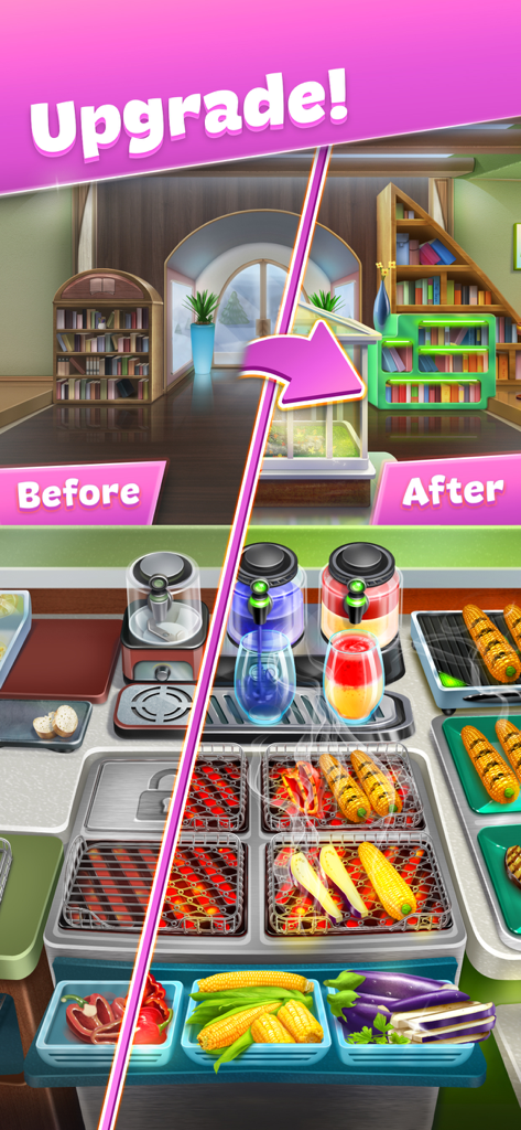 クッキングフィーバーのレストランの内装とキッチン設備のアップグレード前後の比較。