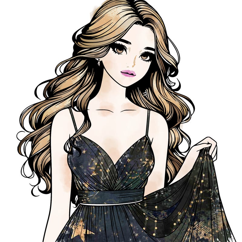 realistic girl in flowy silky prom dress