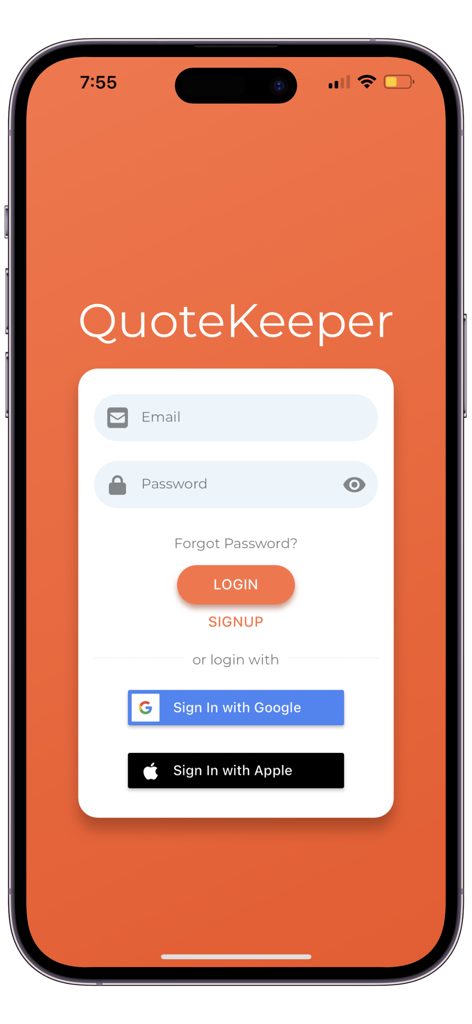 Quote Keeper: Save Book Quotes - Login screen of the Quote Keeper app with email and password fields and social sign-in buttons