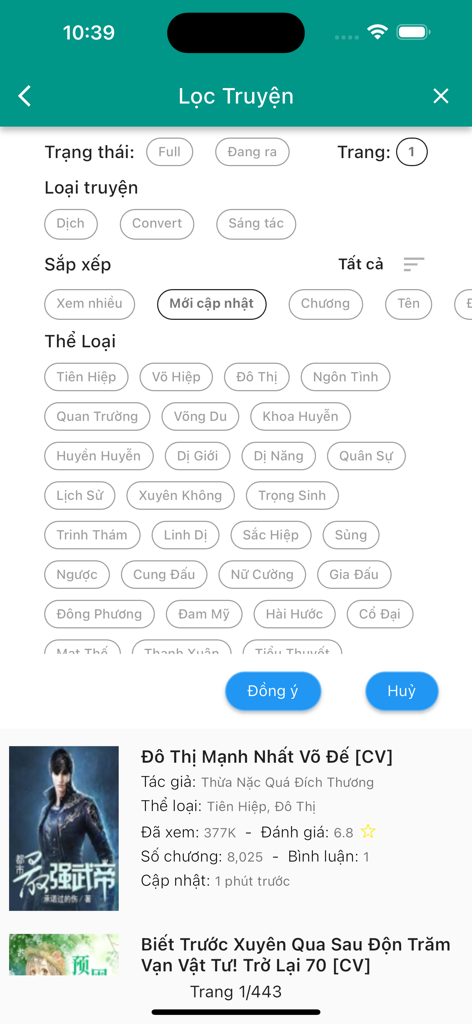 Audio Truyện -Đọc Nghe Kết Hợp - Vietnamese audio story app interface showing story filter options and genre categories