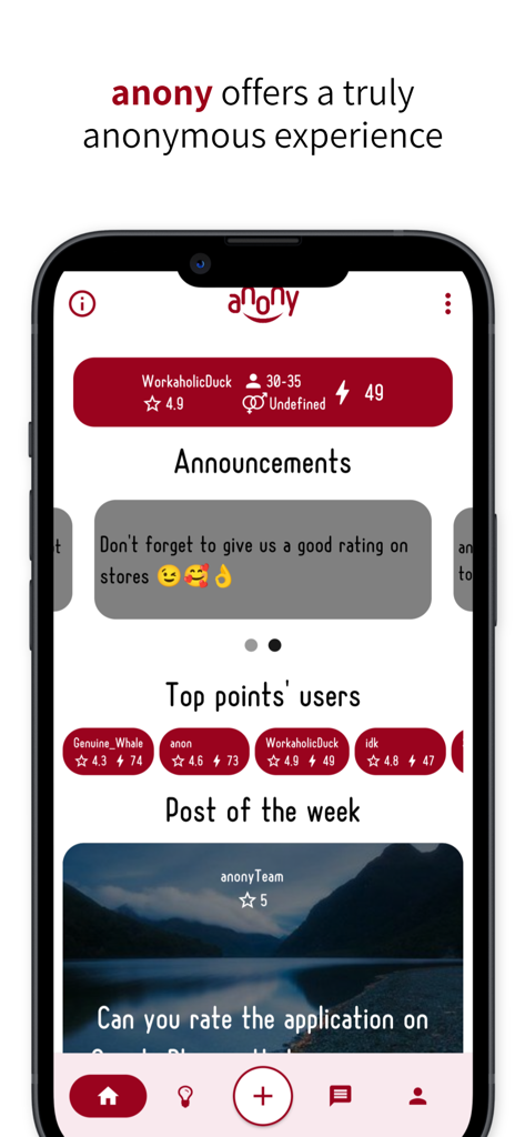 Pantalla de un smartphone mostrando la interfaz de usuario de la app anony con funciones de comunidad anónima y clasificaciones.