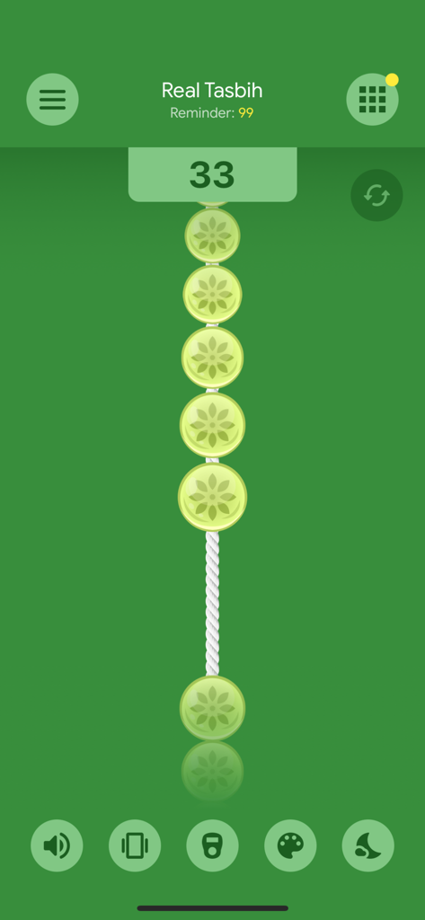 Real Tasbih Counter: Misbaha - Digital tasbih counter app interface with green prayer beads and a tally of 33