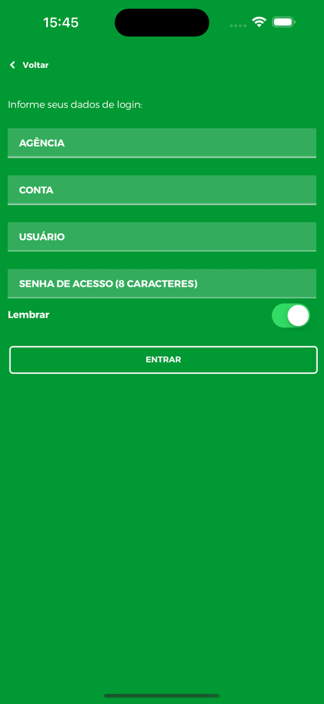 Banco da Amazônia - Login screen for the Banco da Amazonia mobile app featuring input fields for branch, account, user, and password on a green background.