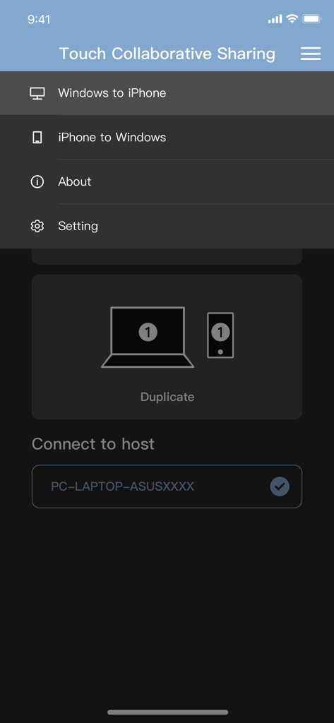 Magic Switch Display Sharing app menu showing options for Windows to iPhone and iPhone to Windows screen mirroring.