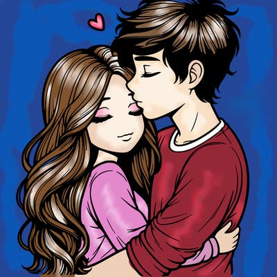 a realistic couple boy and girl hugging and kissing