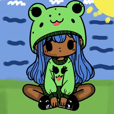 a girl wearing a frog hat and some frog socks