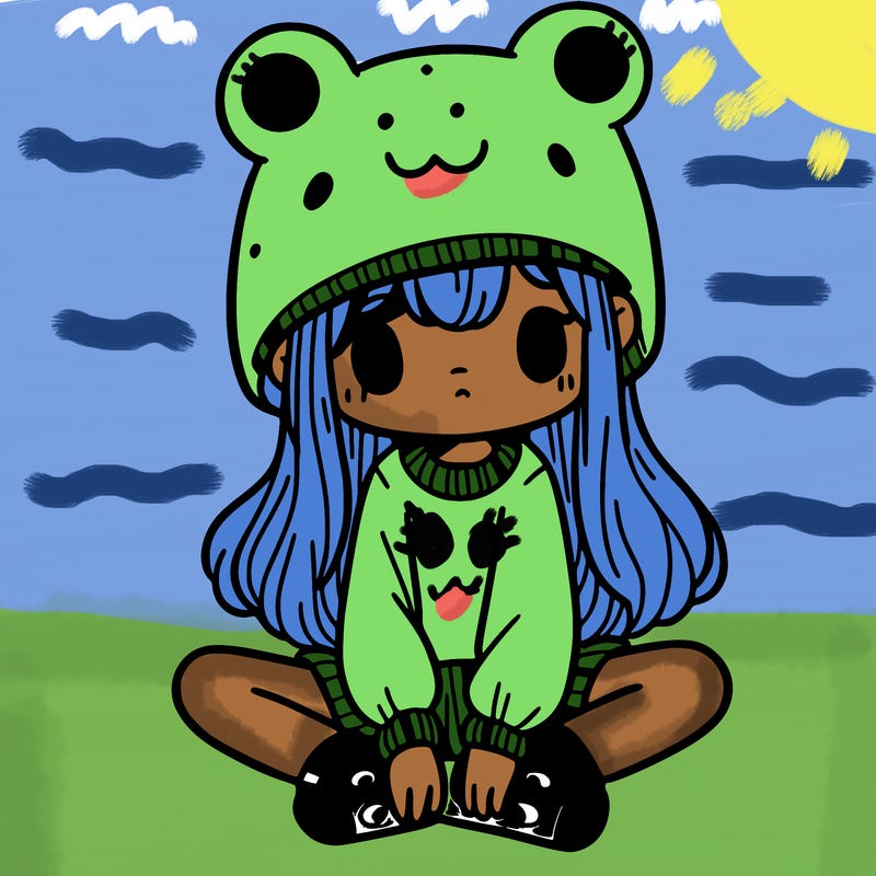 a girl wearing a frog hat and some frog socks