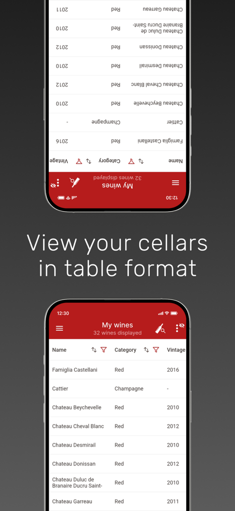 My wines cellar - Mobile app interface showing a wine inventory list in table format