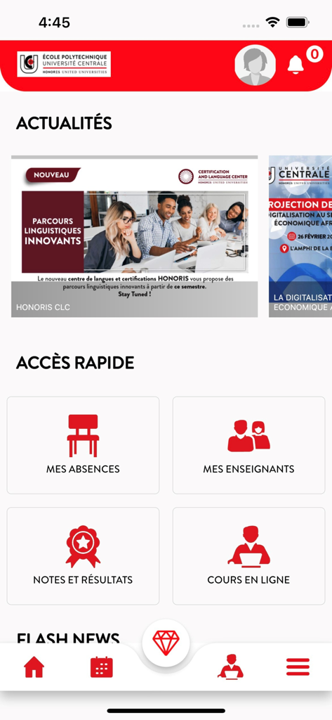 MyU By Honoris - Dashboard of the MyU By Honoris student mobile app showing news and quick access links to grades and absences