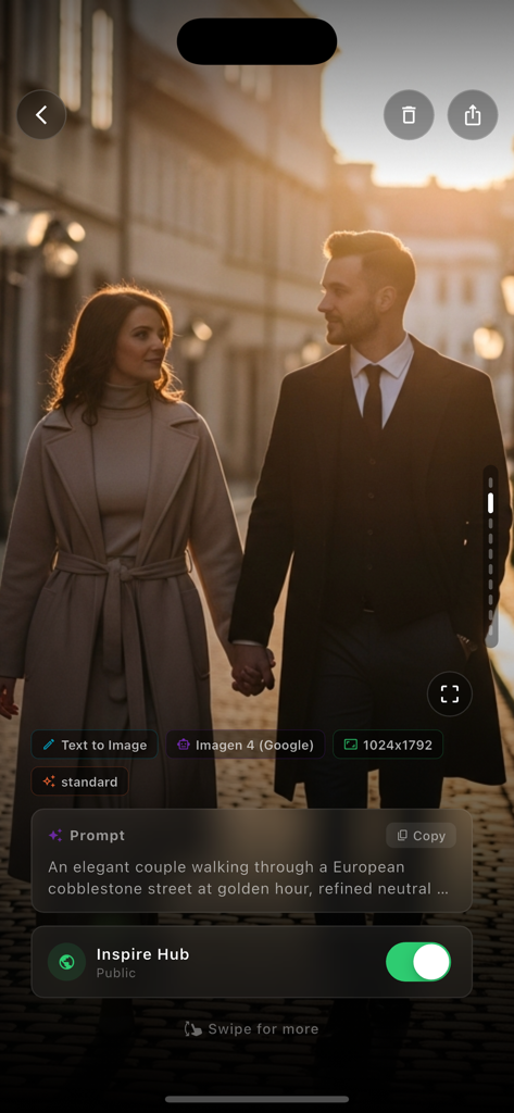 ChatAgent AI Chat Ask Anything - Uma captura de tela do aplicativo ChatAgent mostrando uma imagem fotorrealista gerada por IA de um casal ao pôr do sol com detalhes do prompt.