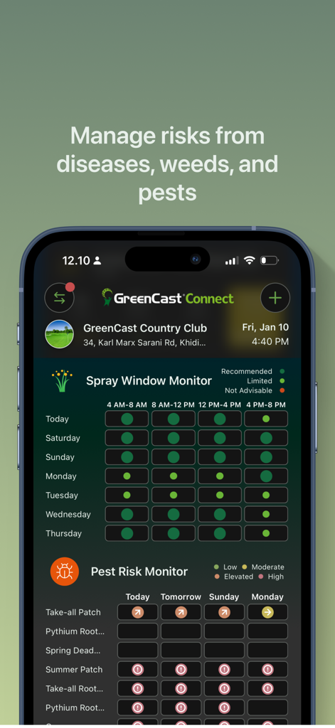 GreenCast Connect by Syngenta - GreenCast Connect App Dashboard mit Sprühfenster-Überwachung und Überwachung des Schädlingsrisikos für die professionelle Rasenpflege