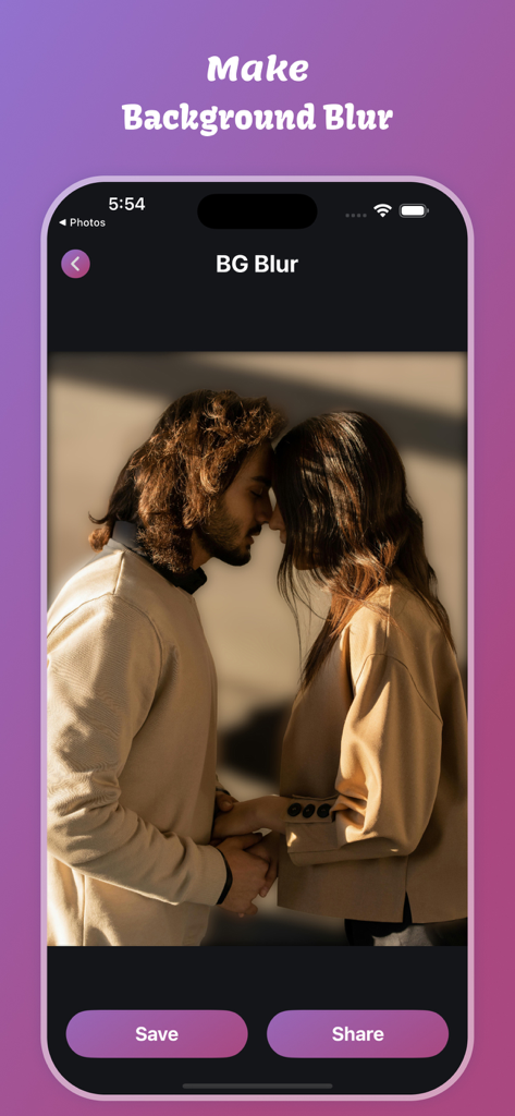 Motion Blur Effect - Mobile app interface showing the background blur effect applied to a photo of a couple