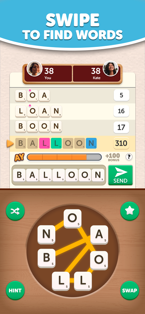 Anagram Yatzy mobile game interface showing a player swiping letters on a circular wheel to form the word balloon