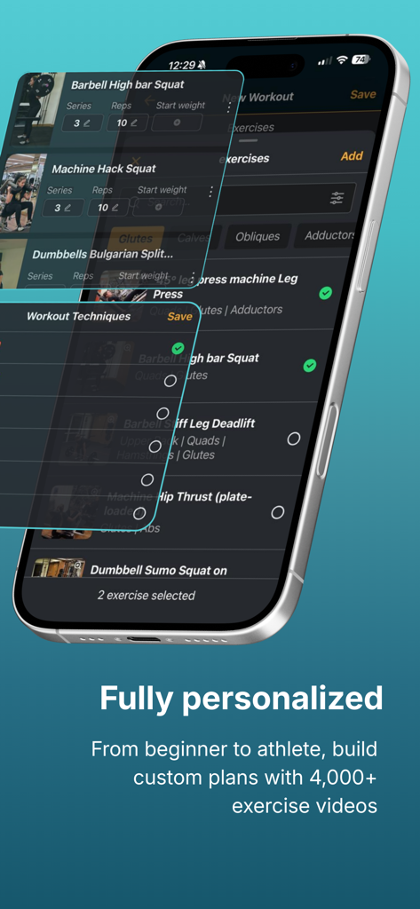 PersonalGO - Interface do aplicativo PersonalGO para criar planos de treino personalizados com vídeos de exercícios
