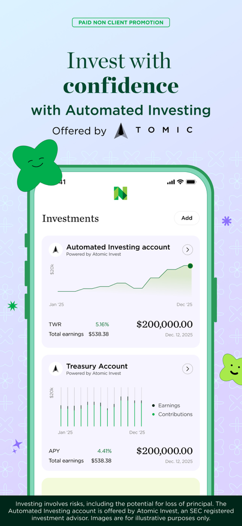 Screenshot of NerdWallet app showing automated investing and treasury account dashboards with balances and growth charts.