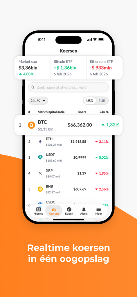 Newsbit: Crypto Nieuws - Pantalla de smartphone de la aplicación de noticias de criptomonedas Newsbit mostrando tasas y precios del mercado en tiempo real