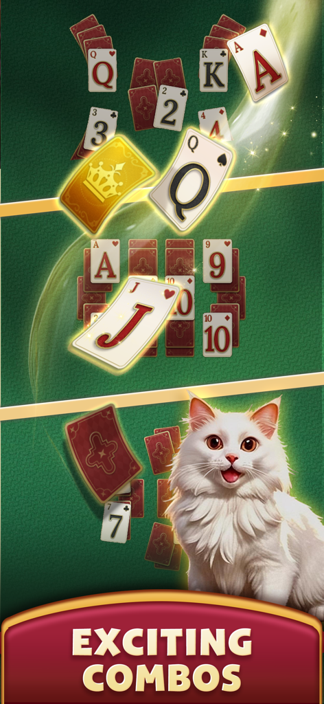 Solitaire Royalty: Happy Cards - Solitaire Royalty Gameplay zeigt Karten und eine weiße Katze mit dem Text Spannende Kombinationen