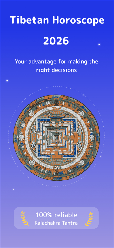 Tibetan Horoscope 2026 app interface with a Kalachakra Tantra mandala
