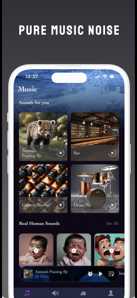 eMus-App-Oberfläche mit Umgebungsgeräuschkategorien wie Bar und Schlagzeug für Entspannung und Fokus.