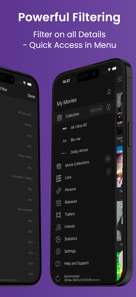 Captura de pantalla de la aplicación My Movies 5 Pro que muestra la potente interfaz de filtrado y las opciones del menú principal en un smartphone