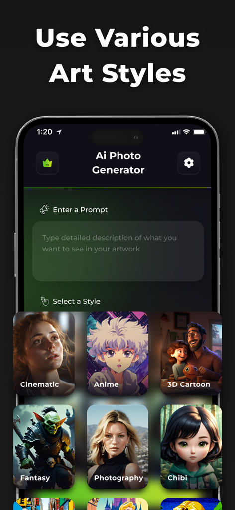 AI 사진 생성기 앱 인터페이스, 애니메이션 및 판타지와 같은 다양한 예술 스타일 표시