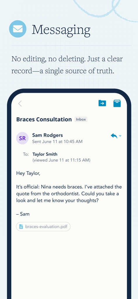 Secure messaging interface in the OurFamilyWizard co-parenting app showing a permanent record of communication between parents.