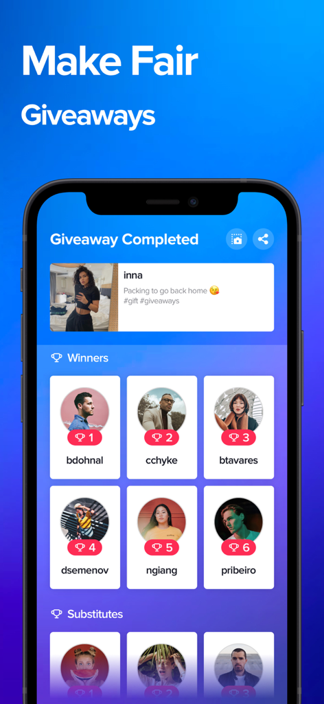 Giveaway Picker for Comments - A screen showing the final list of winners and substitutes for a social media giveaway.
