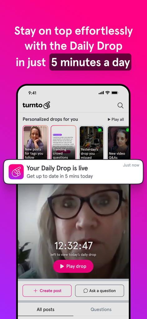 Turnto app interface displaying daily health breakthroughs and community insights