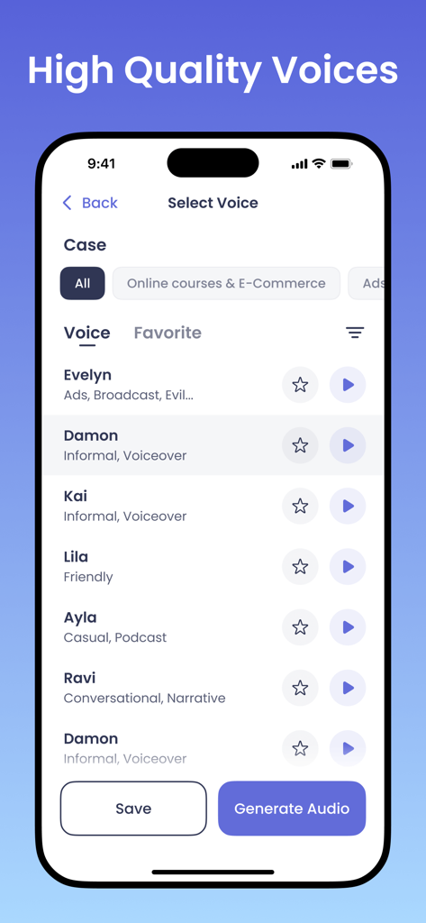 Merfi AI: Text to Speech, TTS - Merfi AI app screen showing a list of high quality voices for text to speech conversion