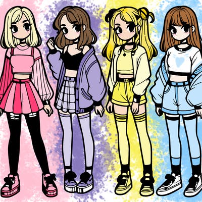 one girl with crop-top shirt and a jacket with a skirt, long socks and another girl with a shirt and pants with a jacket