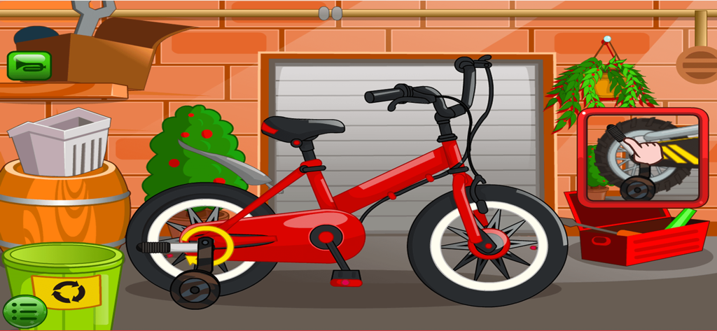 Clean Up, Bike Car Wash Games - Una bicicleta roja en un taller de garaje siendo reparada en un juego de limpieza para niños