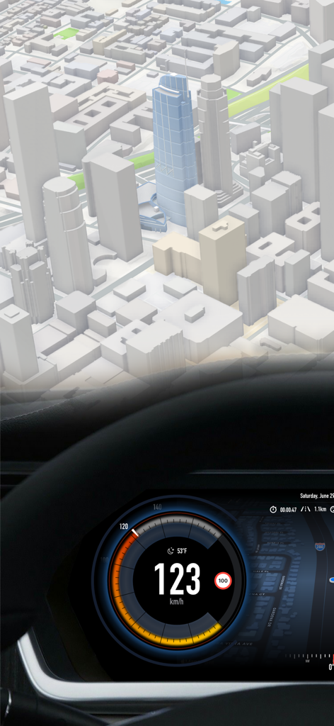 Speedometer GPS & Compass - Velocímetro digital de coche mostrando 123 km/h en un tablero con visualización de mapa 3D de la ciudad