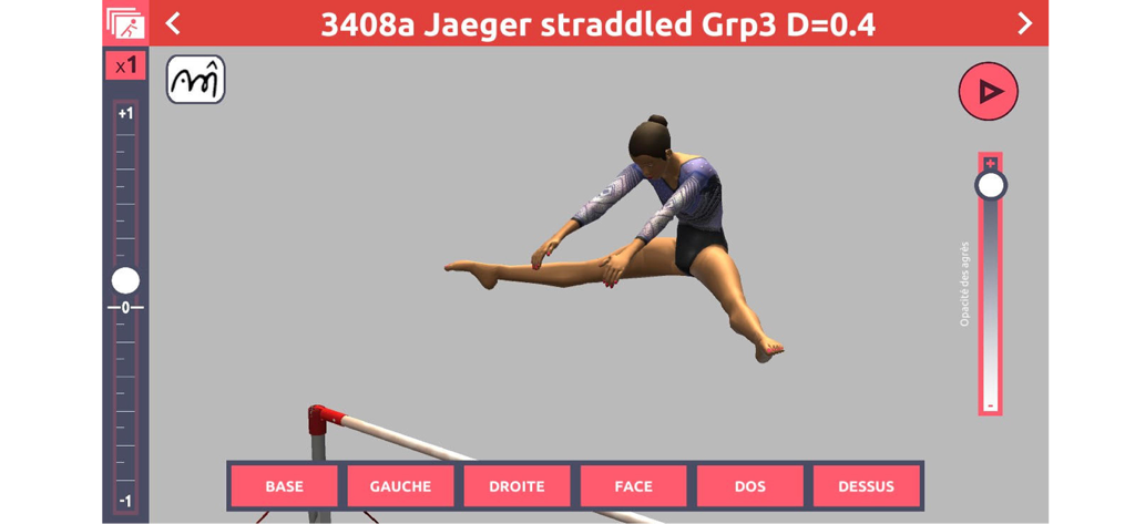 A 3D animation of a female gymnast performing a Jaeger straddle skill on uneven bars with camera and speed controls