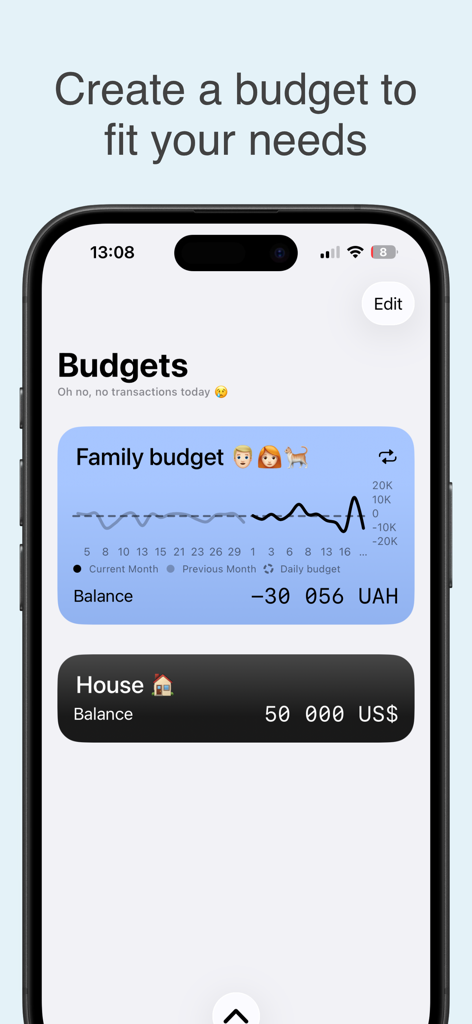 Interface of Expense Budget Tracker app showing family and house budget sections with minimalist design.