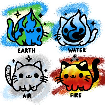 4 cats that represent the different elements, earth, water, air, and fire