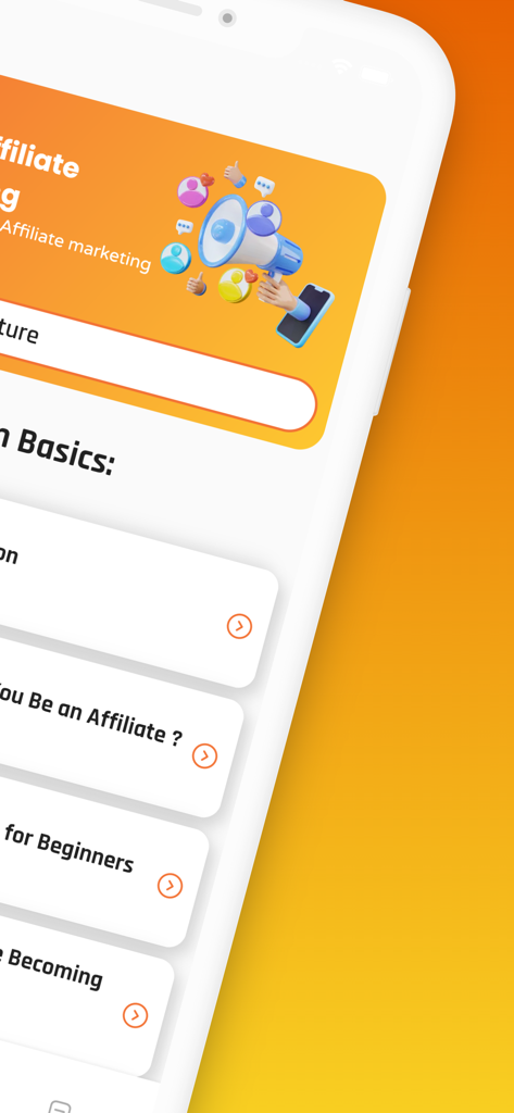 SEOや入門ガイドのようなトピックが含まれるアフィリエイトマーケティング学習アプリのインターフェイス。