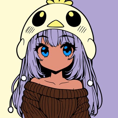 anime girl with chick shaped hat with sweater with bare shoulders with bangs covering them one eye with low tail