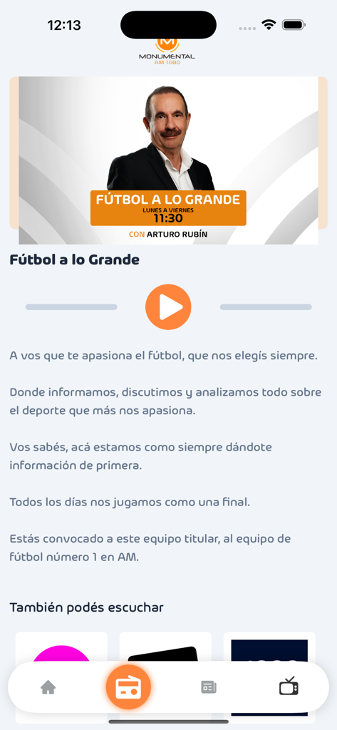 Monumental AM 1080 app screen displaying the Futbol a lo Grande sports program
