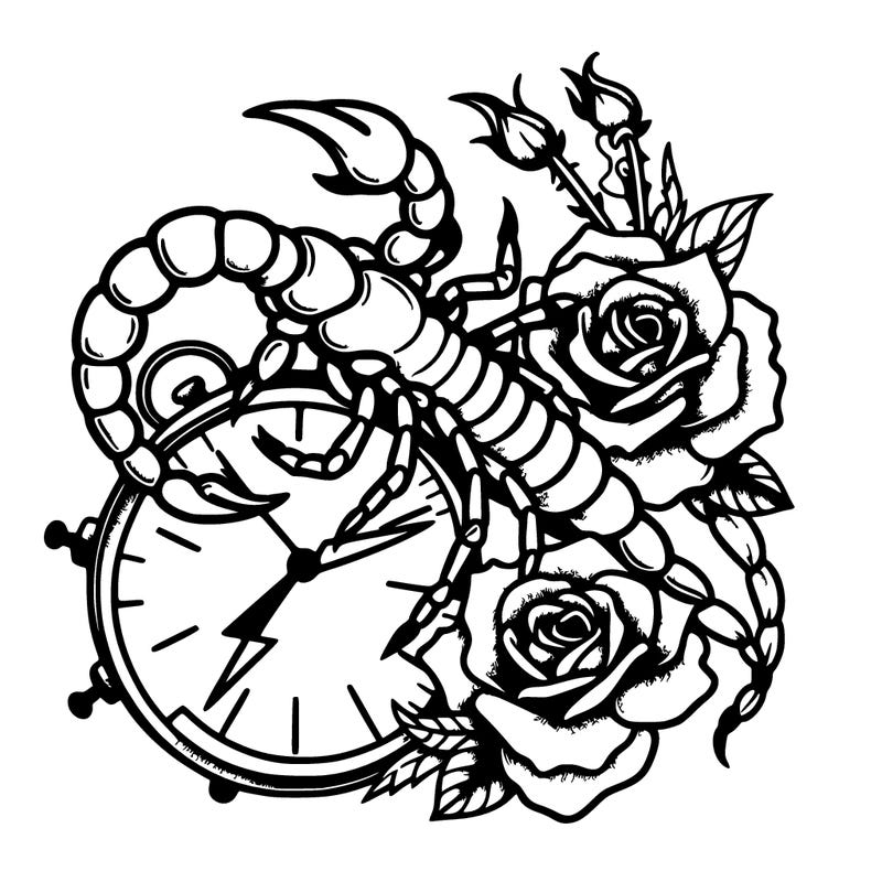 scorpion with roses and the tail wrapped around a broken time clock