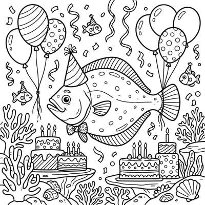 Celebrate an underwater birthday bash with this delightful flatfish coloring page! Designed for teens, it features intricate details of a festive party scene with cakes, balloons, and confetti.