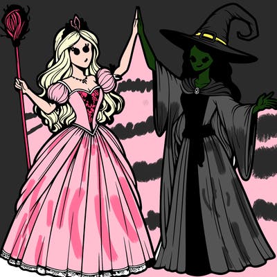 detailed realistic split of a princess and a witch