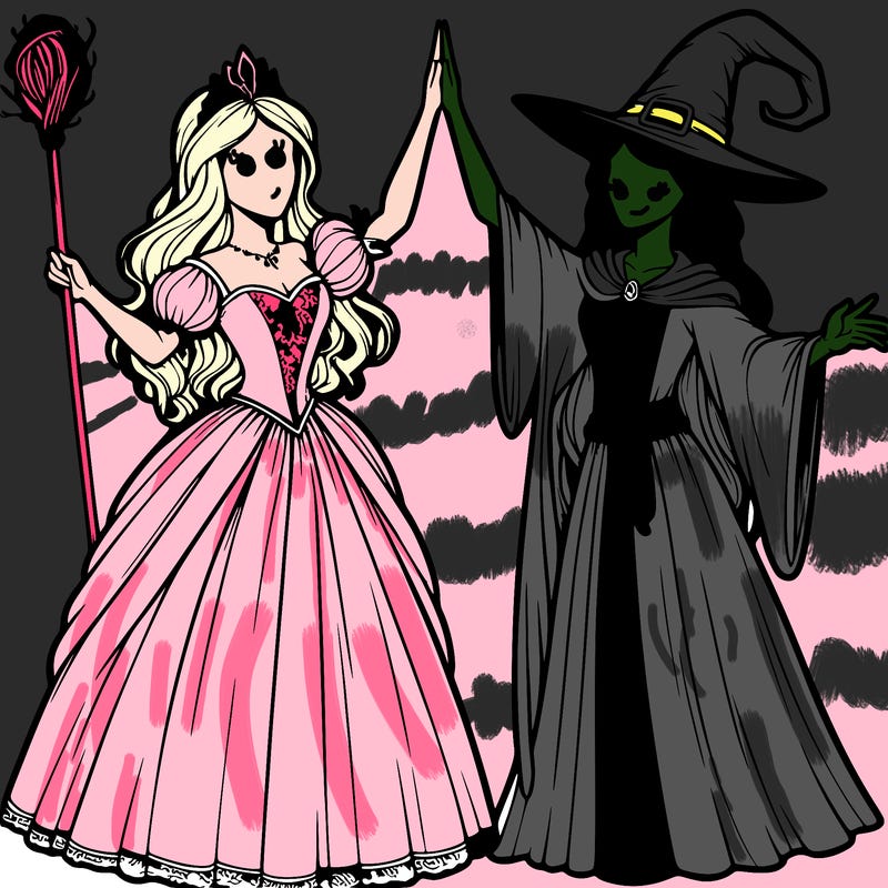 detailed realistic split of a princess and a witch