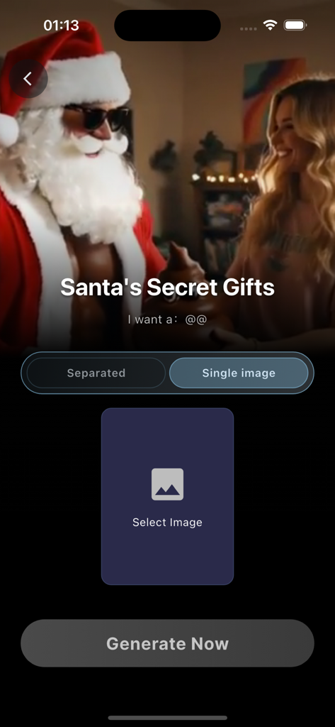 Chuva AI: Bring Photos to Life - Chuva AI app screen for selecting a single image to generate an AI video with a Santa Claus theme.