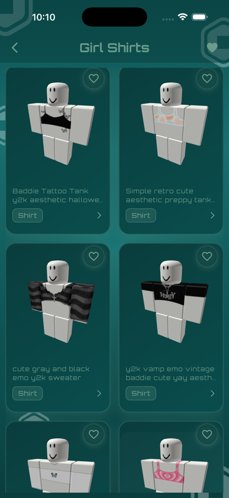 Loto Points – Spin & Rewards - A gallery of aesthetic girl shirt designs for Roblox avatars including y2k, emo, and baddie styles.