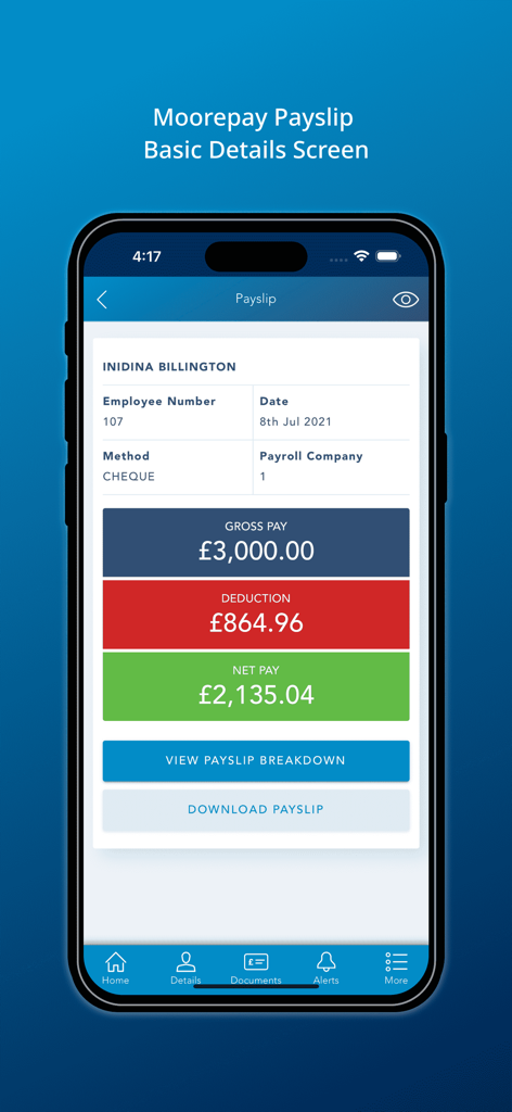 Tela de contracheque do aplicativo Moorepay exibindo o pagamento bruto do funcionário, deduções e resumo do pagamento líquido