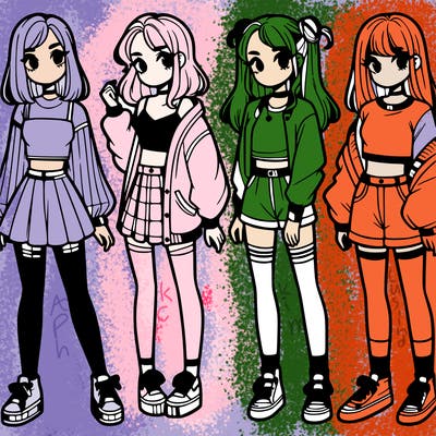 one girl with crop-top shirt and a jacket with a skirt, long socks and another girl with a shirt and pants with a jacket